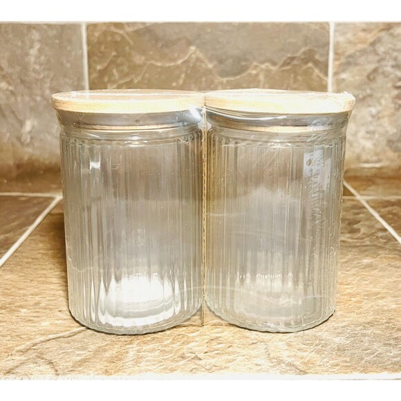 Target Bullseye 5” Clear Glass Ribbed Jars with Wooden Lid - 2 Pack - New - Picture 3 of 4